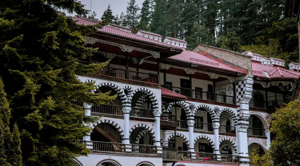 Arcades and church details at Rila Monastery